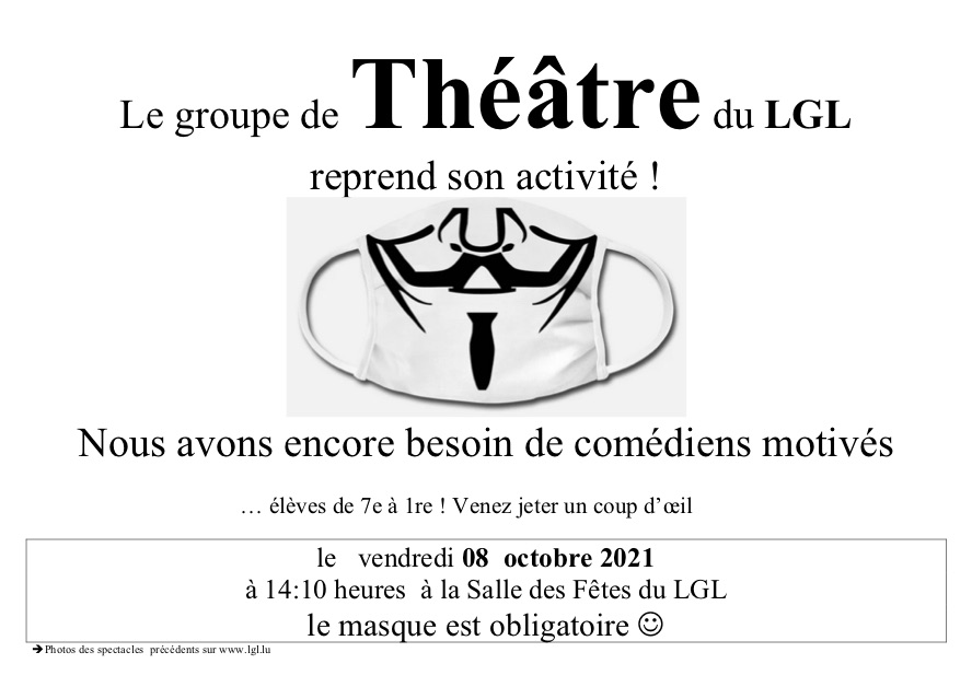 Le Groupe de Théâtre du LGL reprend le vendredi 8 octobre